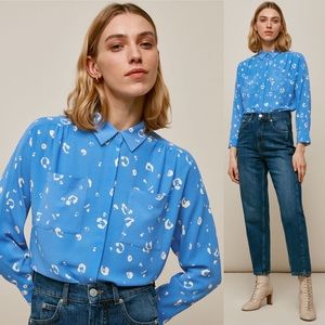 WHISTLES light blue watercolor animal print button up blouse top 2 NEW